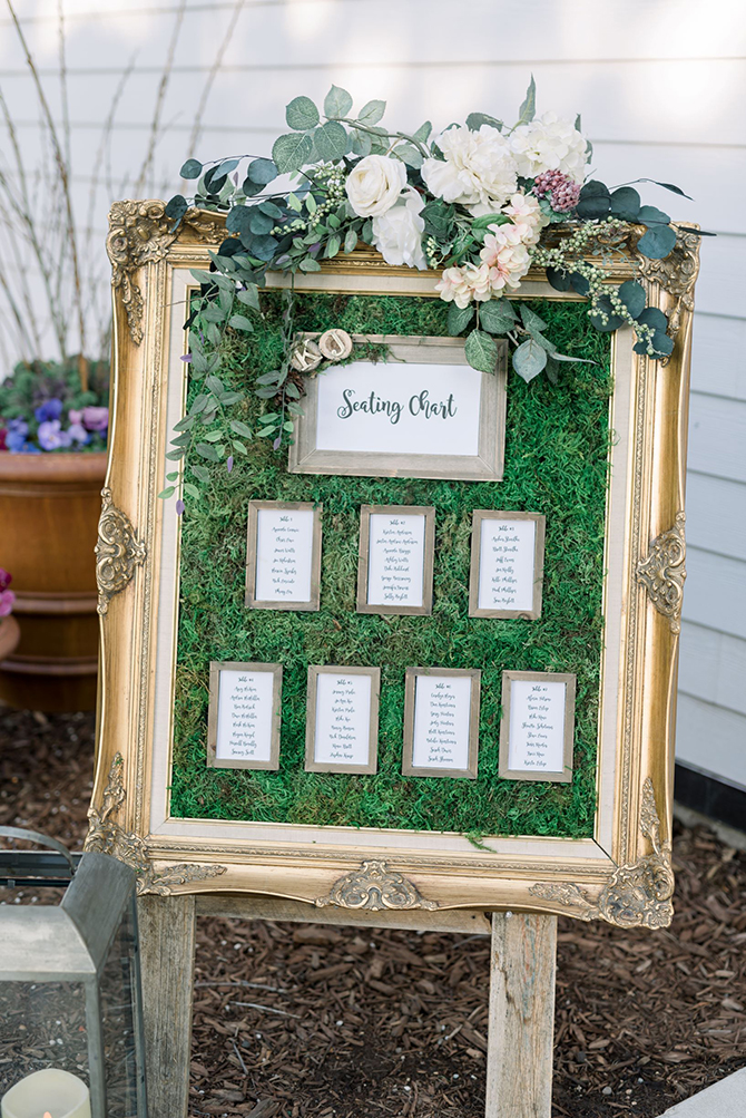 Wedding SEating Chart in gilded antique frame with moss and fresh flowers - detailsdetails