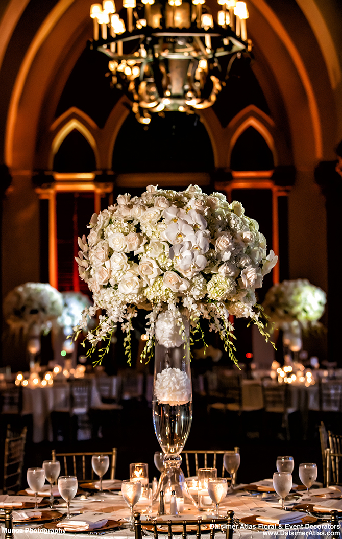 white rose and orchid centerpiece - South Florida LGBT Wedding Floral Design and Decor - Dalsimer Atlas