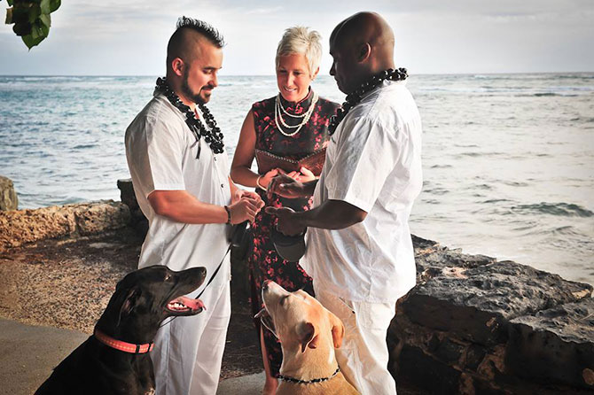 I Do Hawaiian Weddings - Happy lesbian couple on an Oahu beach on their wedding day