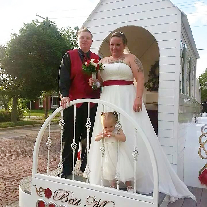 Best Wedding Chapel LGBT Shelbyville Illinois brides mobile chapel flower girl