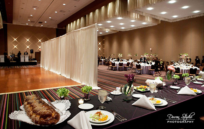 Midwest Conference Center lught blue and dark brown wedding reception