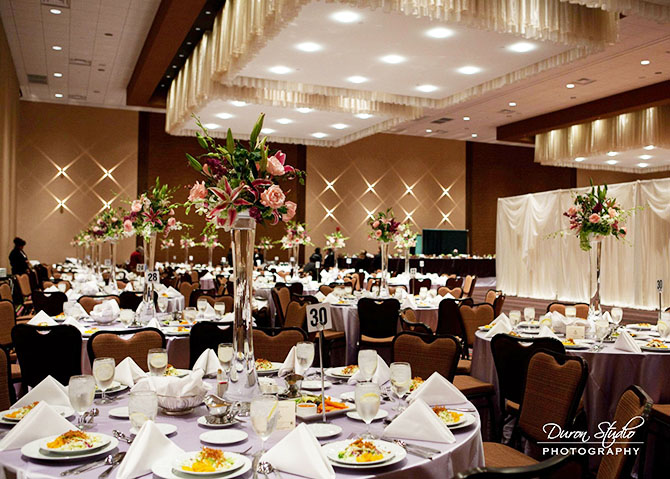 Midwest Conference Center light pink and purple wedding reception