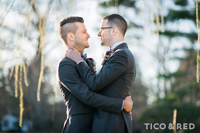 The Endicott Estate In Dedham Massachusetts Gay Couple Embrace In Grey Tuxedos