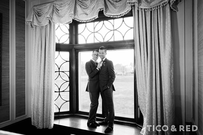 The Endicott Estate In Dedham Massachusetts Gay Couple Pose Indoors In Grey Tuxedos