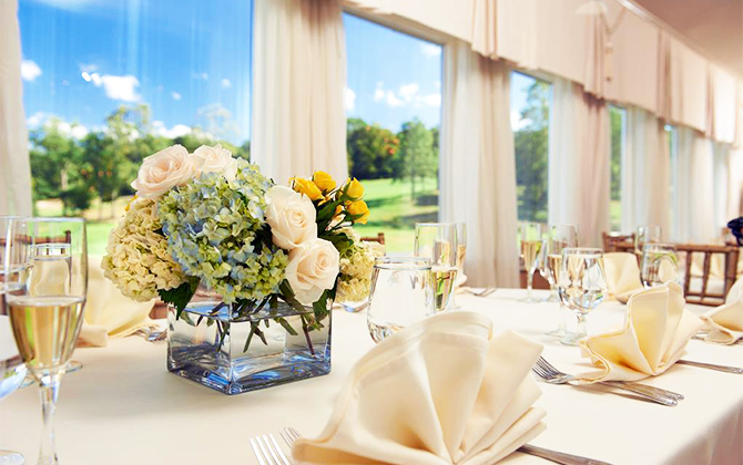 Lessing's at Smithtown Landing Country Club Smithtown, New York LGBT Wedding Venue white table with yellow flowers