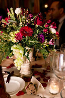 The Inn At Leola Village floral centerpiece with white grapes and red roses