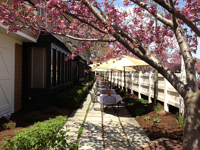 The Inn At Leola Village outdoor dining under cherry tree in bloom