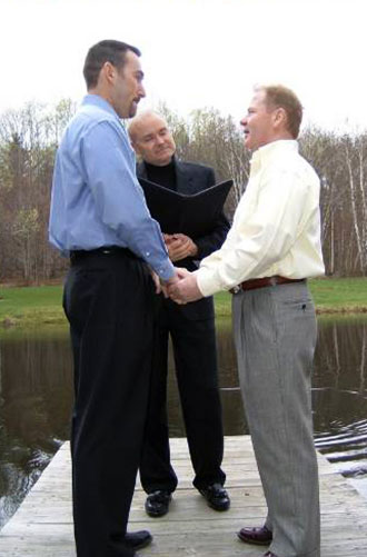 Vermont Gay wedding ceremony performed outdoors waterside Central Vermont LGBT Wedding Officiant - JP Greg Trulson