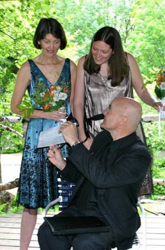 Vermont Lesbian couple receiving marriage license from wedding officiant