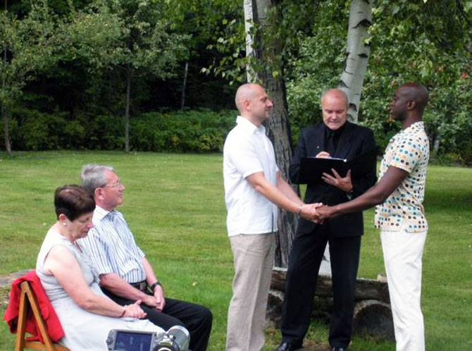 Central Vermont LGBT Wedding Officiant - JP Greg Trulson - Interracial LGBT wedding ceremony outdoors Vermont