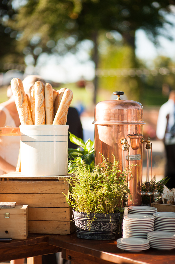 Outdoor wedding reception - French bread and coffee served in copper urn - Lake Lawn Resort in Wisconsin