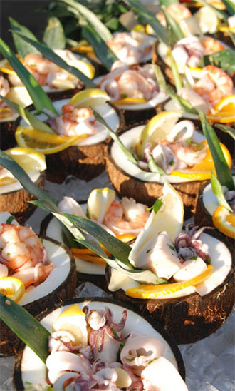 Anthony's Ocean View shrimp and squid served in a coconut