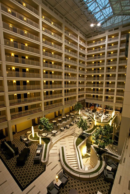 Embassy Suites Chicago dramatic open air atrium lobby