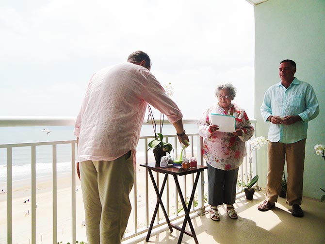 Casual gay wedding with sand ceremony - Four Directions Ceremonies Susan E. Stein LGBT Wedding Officiant in PA